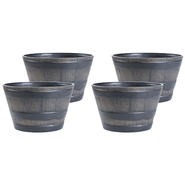 Invernaculo 8 x 13 x 13 in. Rustic Wood Look Plastic Half Barrel Flower Pot Bucket Planter, Brown, 4PK IN2641744 - main